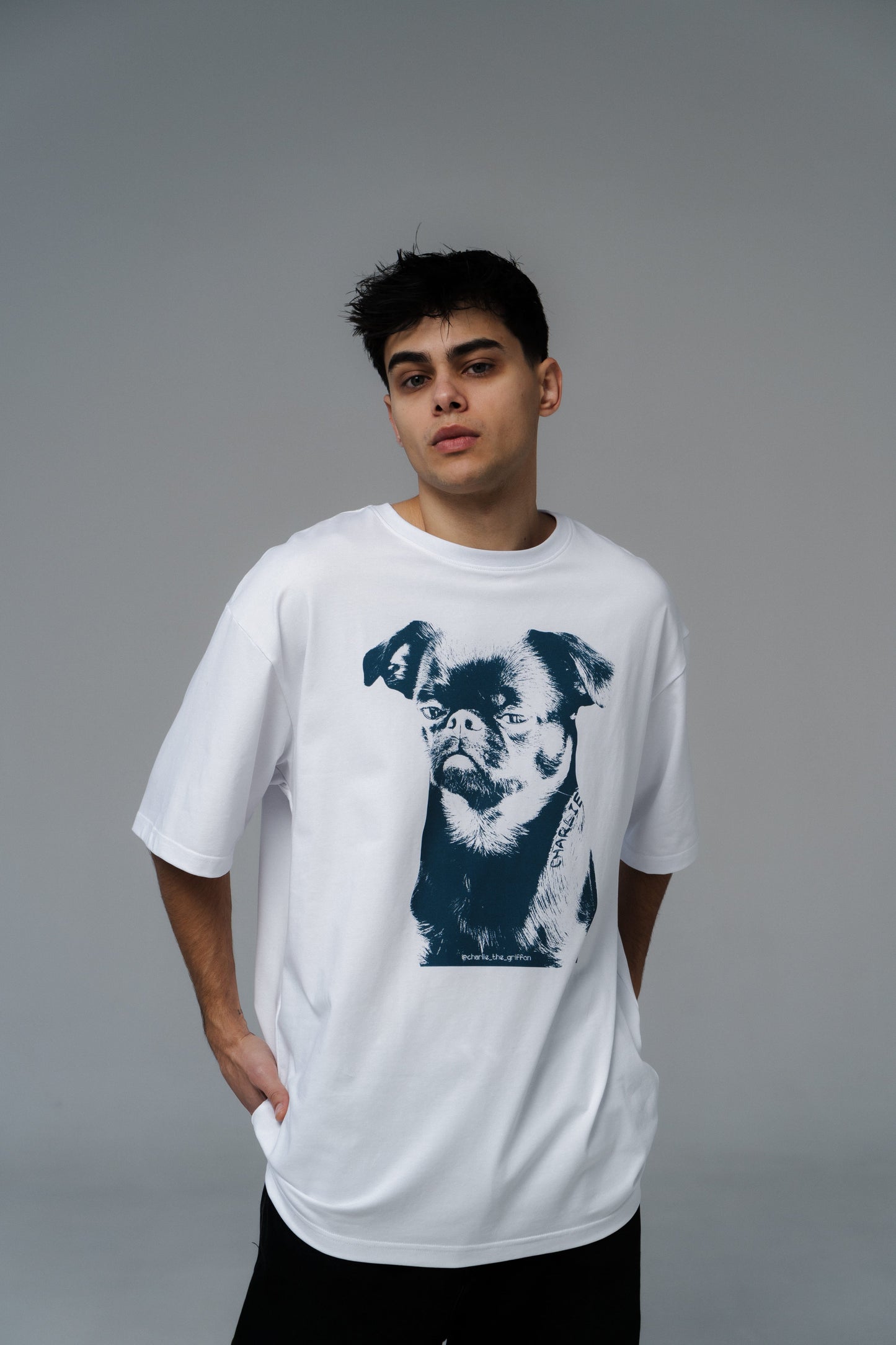 White Oversized Unisex Cotton T-Shirt with "Charlie Griffon" Print