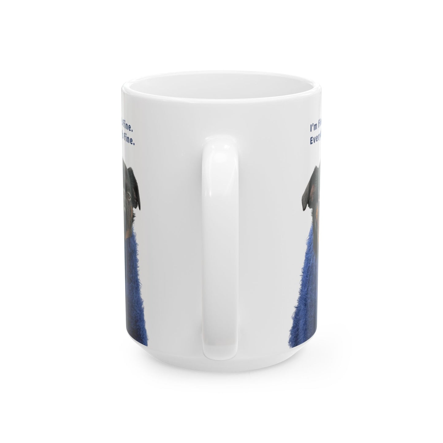 White mug with a dog design on a white background