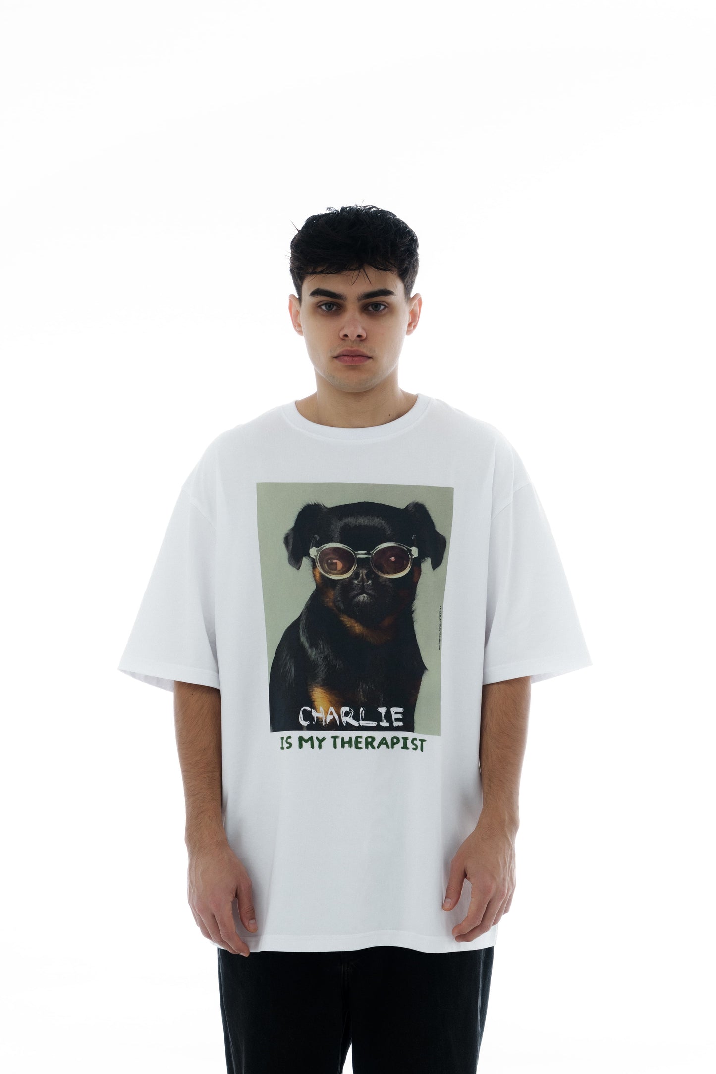 White Oversized Unisex T-Shirt with "Charlie Griffon" Print