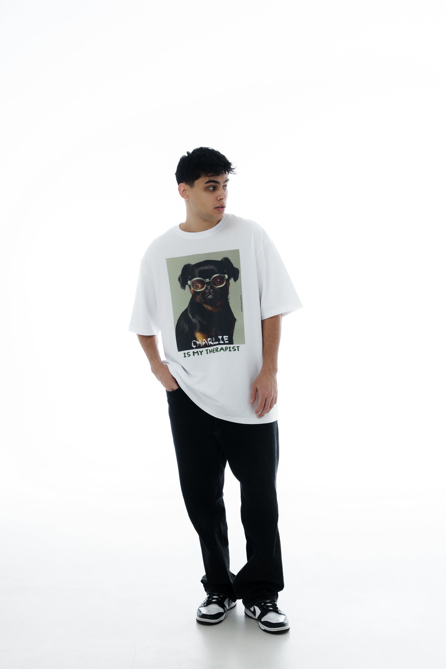 White Oversized Unisex T-Shirt with "Charlie Griffon" Print
