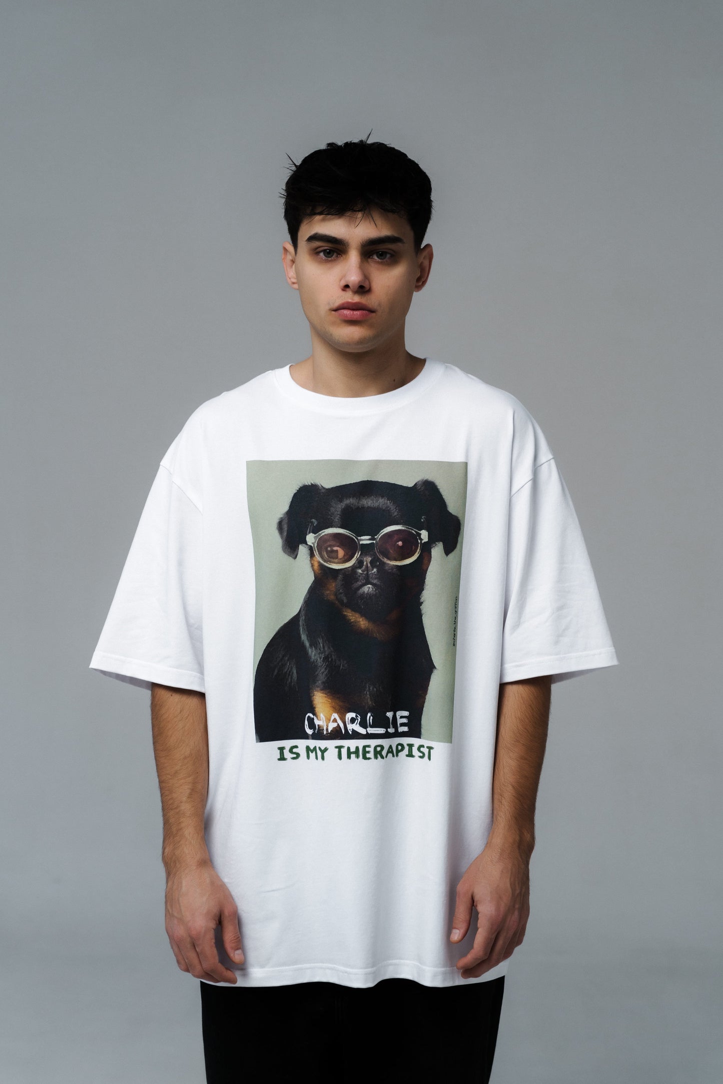 White Oversized Unisex T-Shirt with "Charlie Griffon" Print