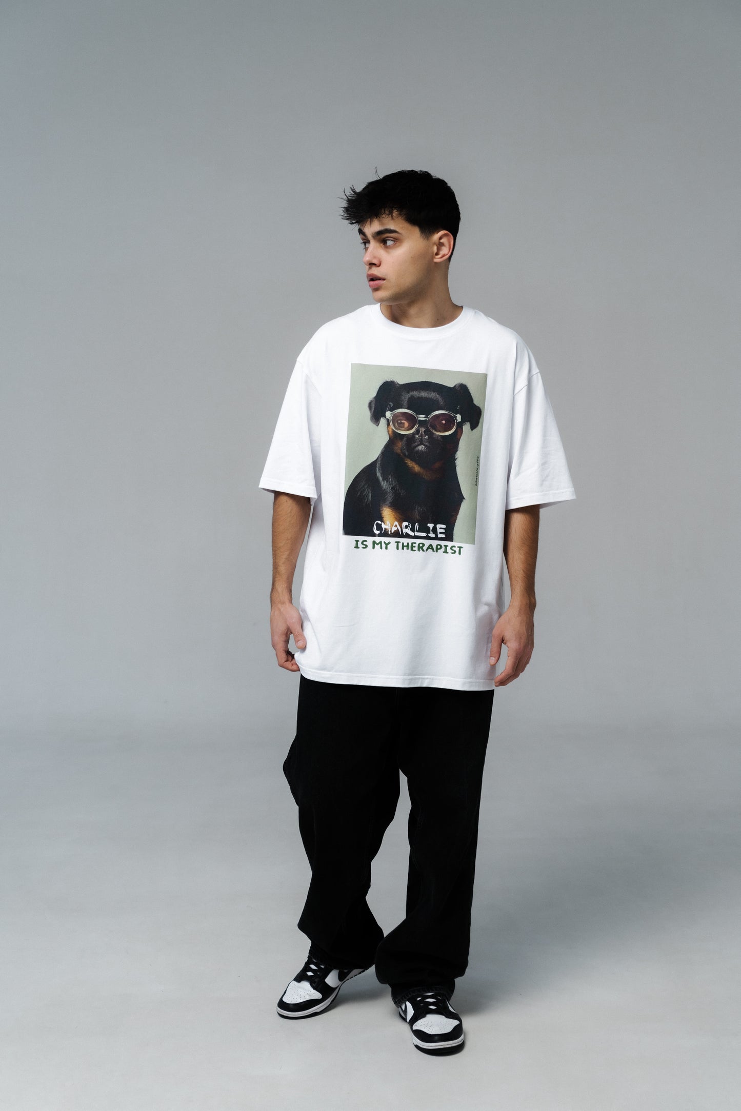 White Oversized Unisex T-Shirt with "Charlie Griffon" Print
