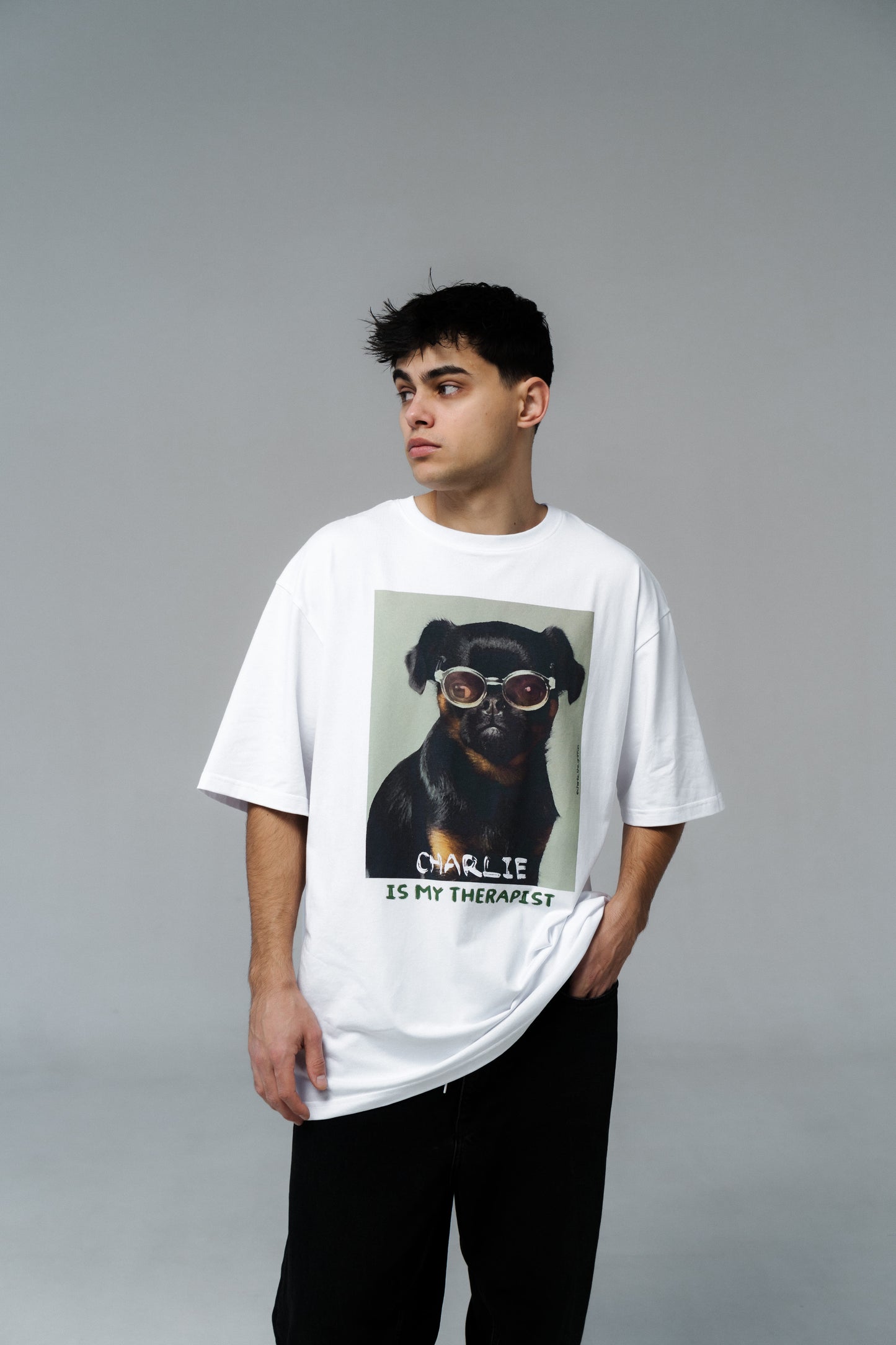 White Oversized Unisex T-Shirt with "Charlie Griffon" Print