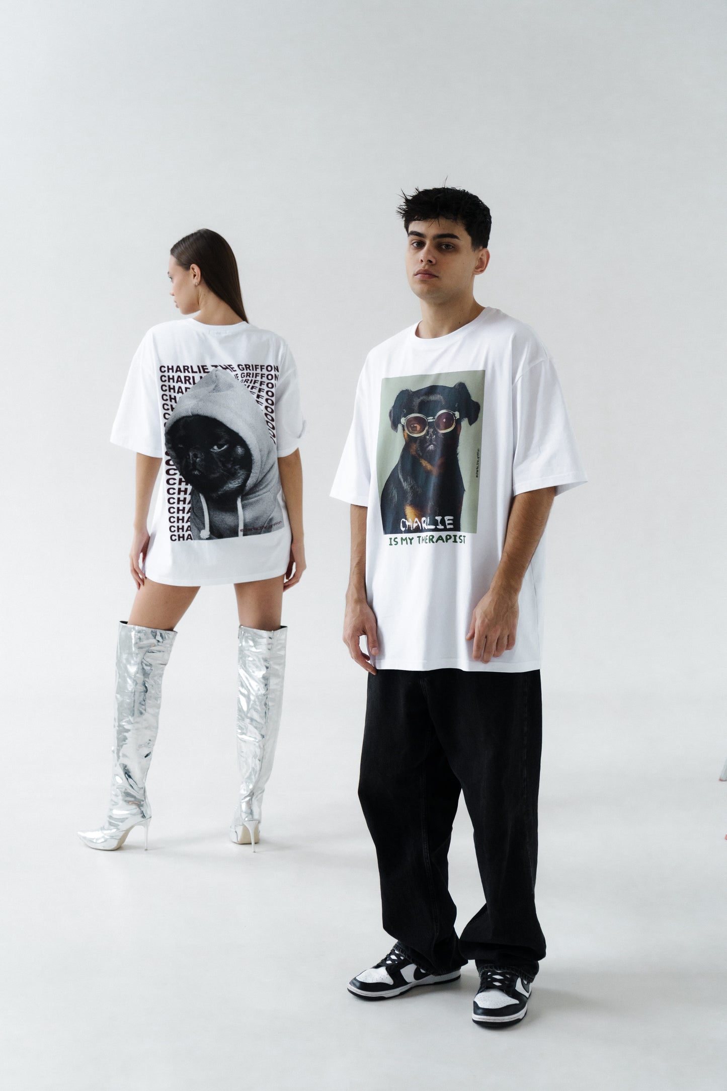 White Oversized Unisex T-Shirt with "Charlie Griffon" Print
