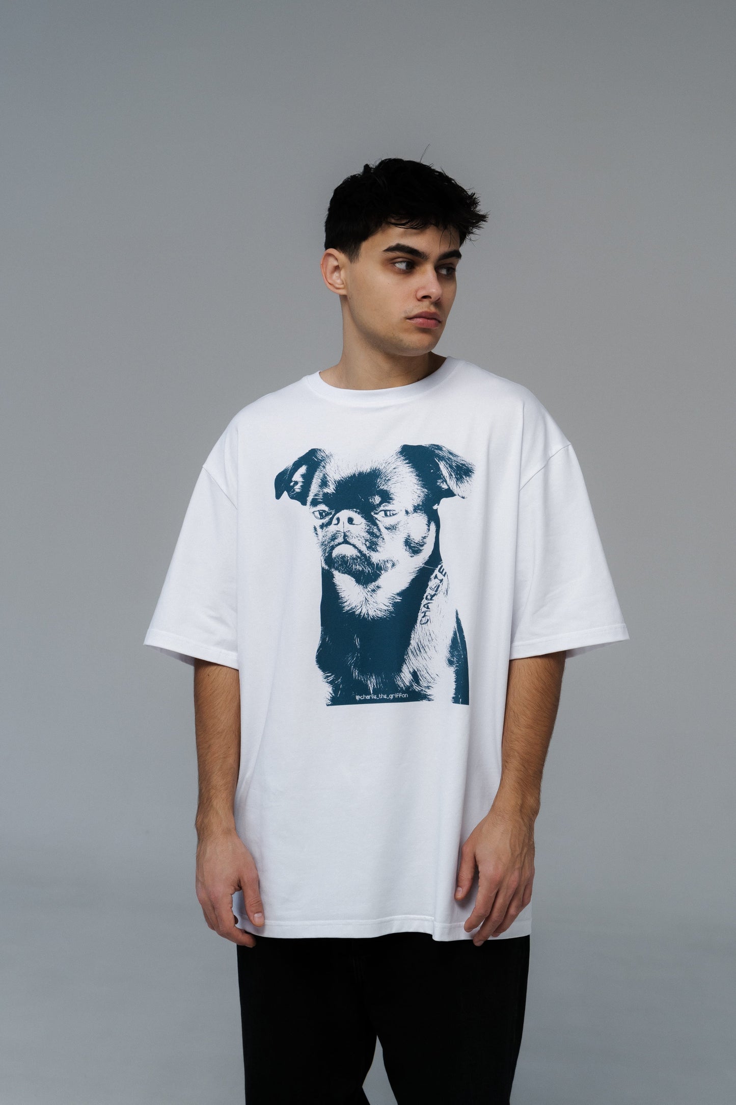 White Oversized Unisex Cotton T-Shirt with "Charlie Griffon" Print