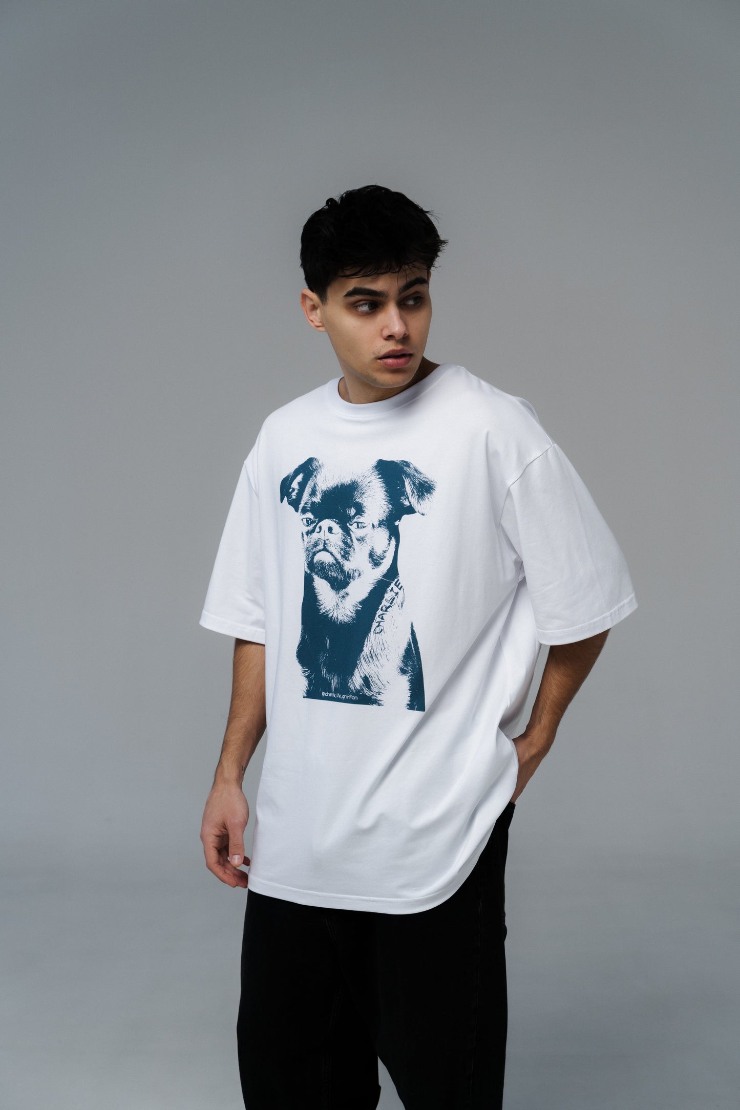 White Oversized Unisex Cotton T-Shirt with "Charlie Griffon" Print