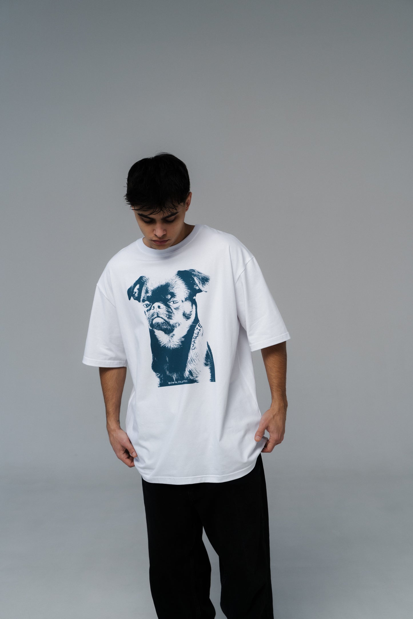 White Oversized Unisex Cotton T-Shirt with "Charlie Griffon" Print