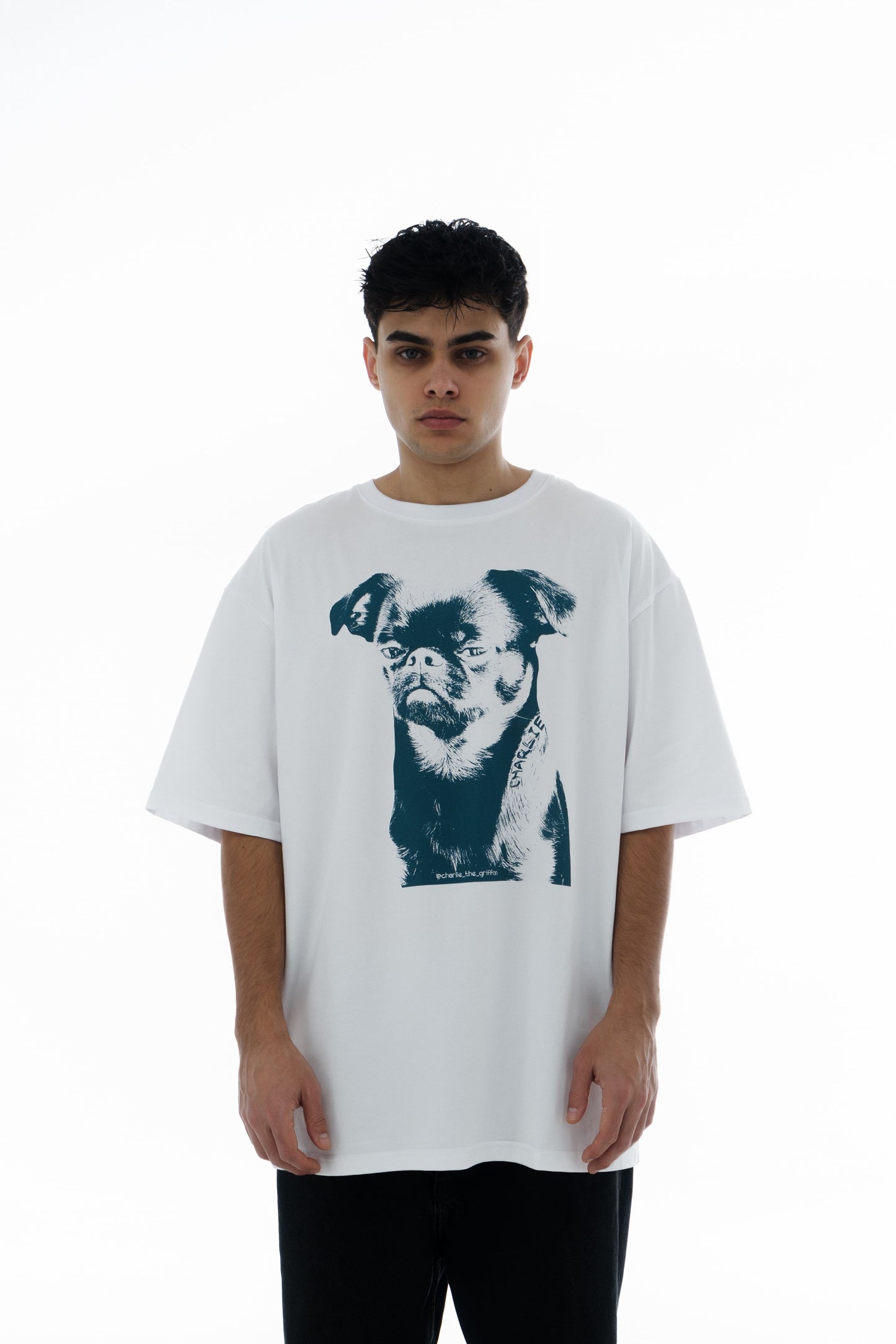 White Oversized Unisex Cotton T-Shirt with "Charlie Griffon" Print