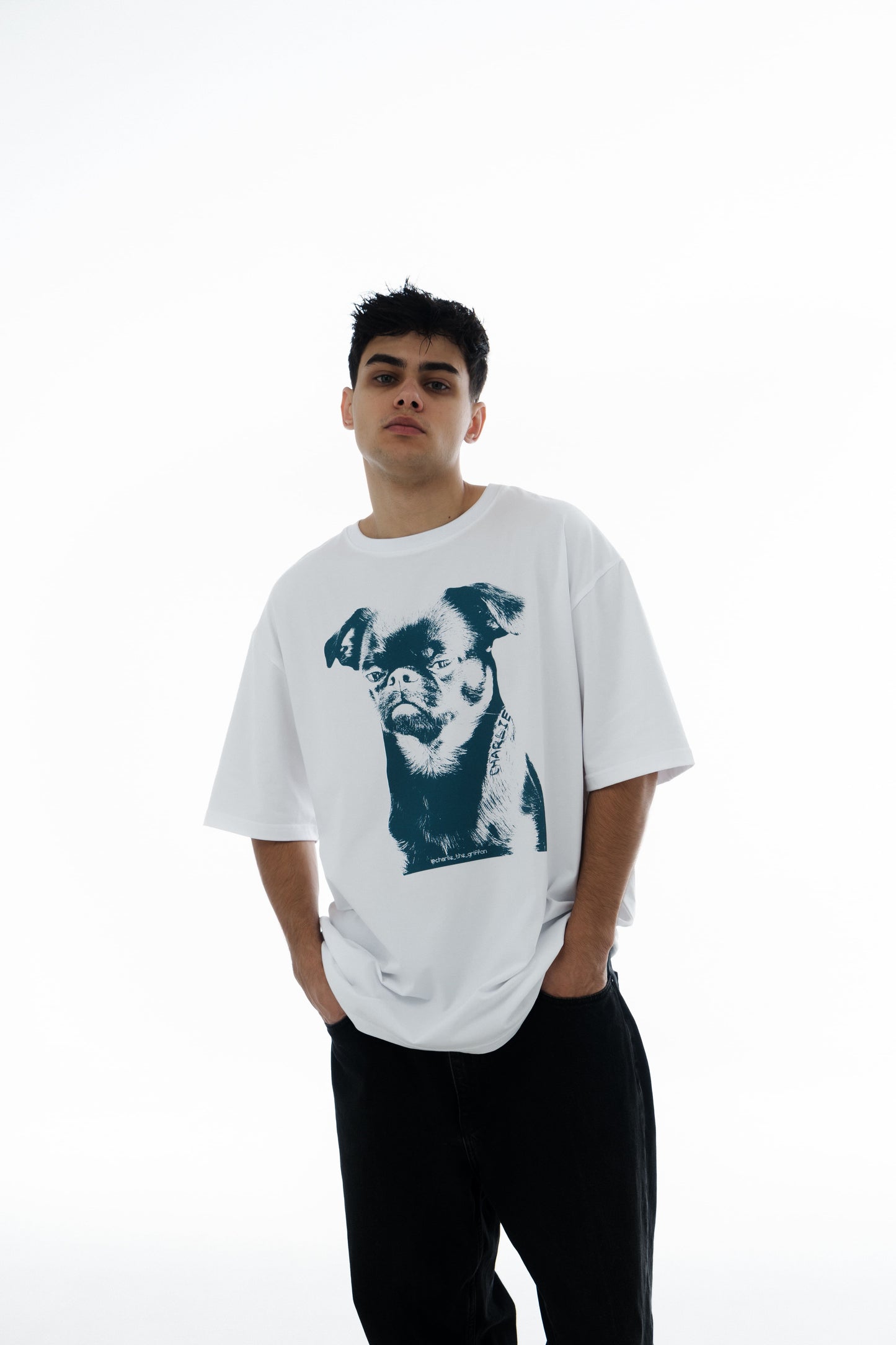 White Oversized Unisex Cotton T-Shirt with "Charlie Griffon" Print