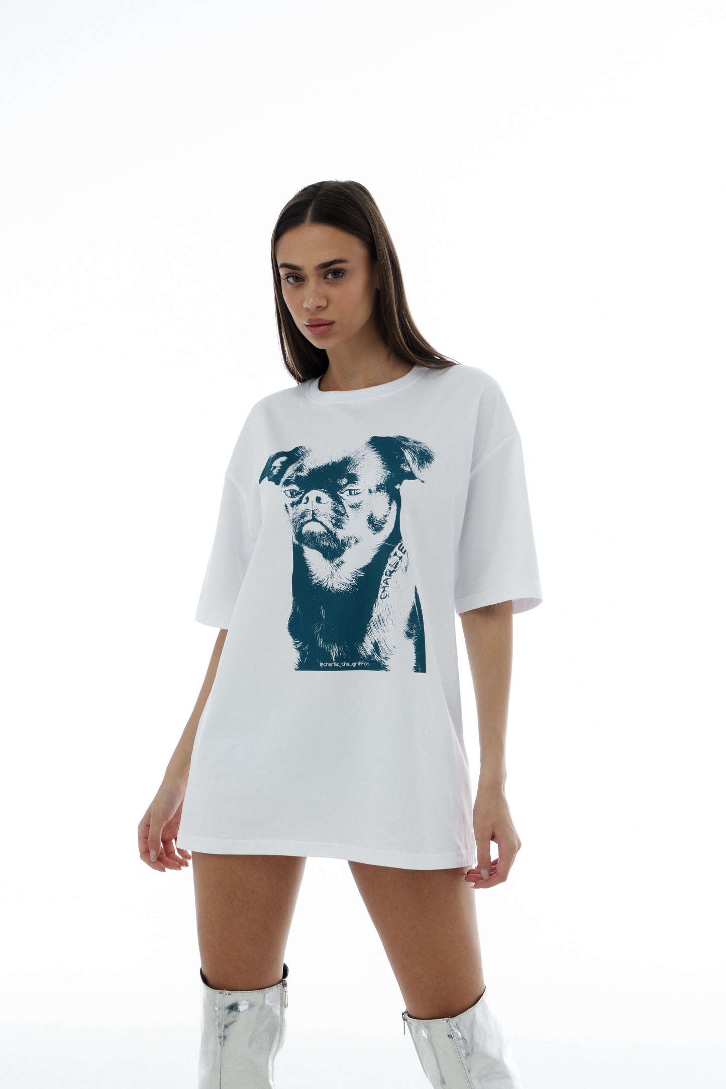 White Oversized Unisex Cotton T-Shirt with "Charlie Griffon" Print