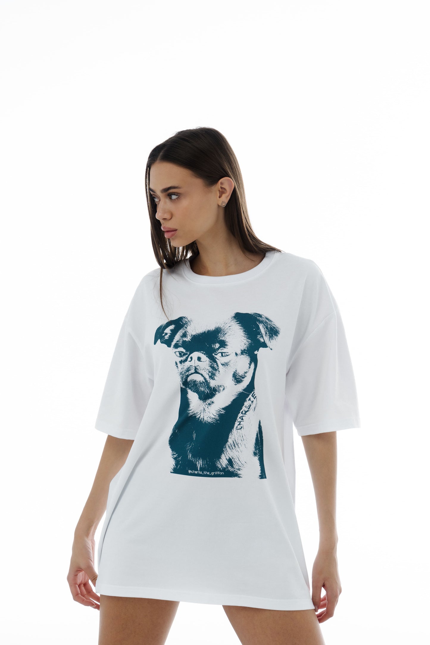 White Oversized Unisex Cotton T-Shirt with "Charlie Griffon" Print