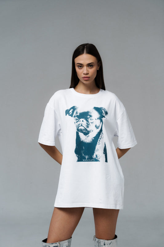 White Oversized Unisex Cotton T-Shirt with "Charlie Griffon" Print