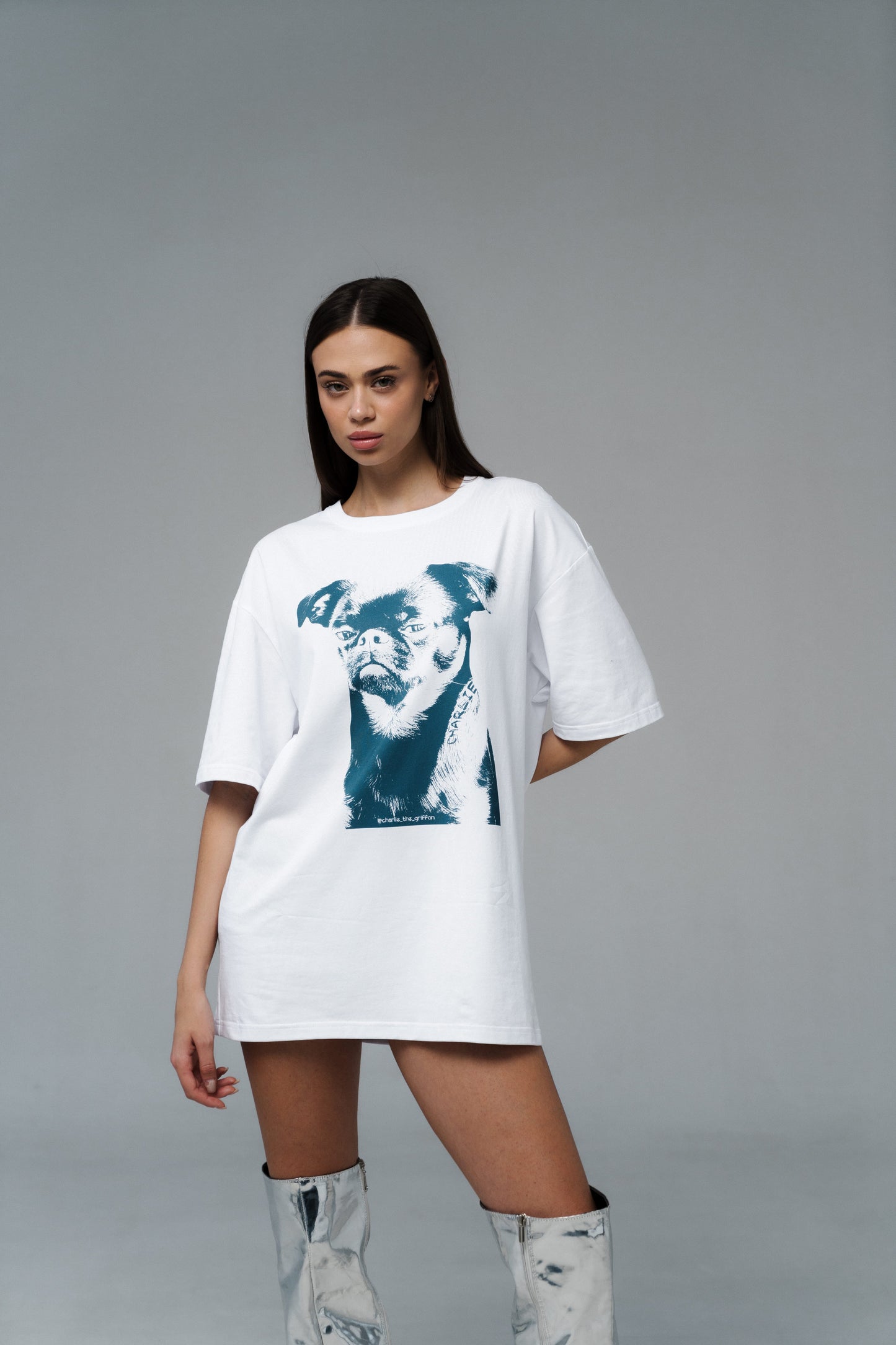 White Oversized Unisex Cotton T-Shirt with "Charlie Griffon" Print