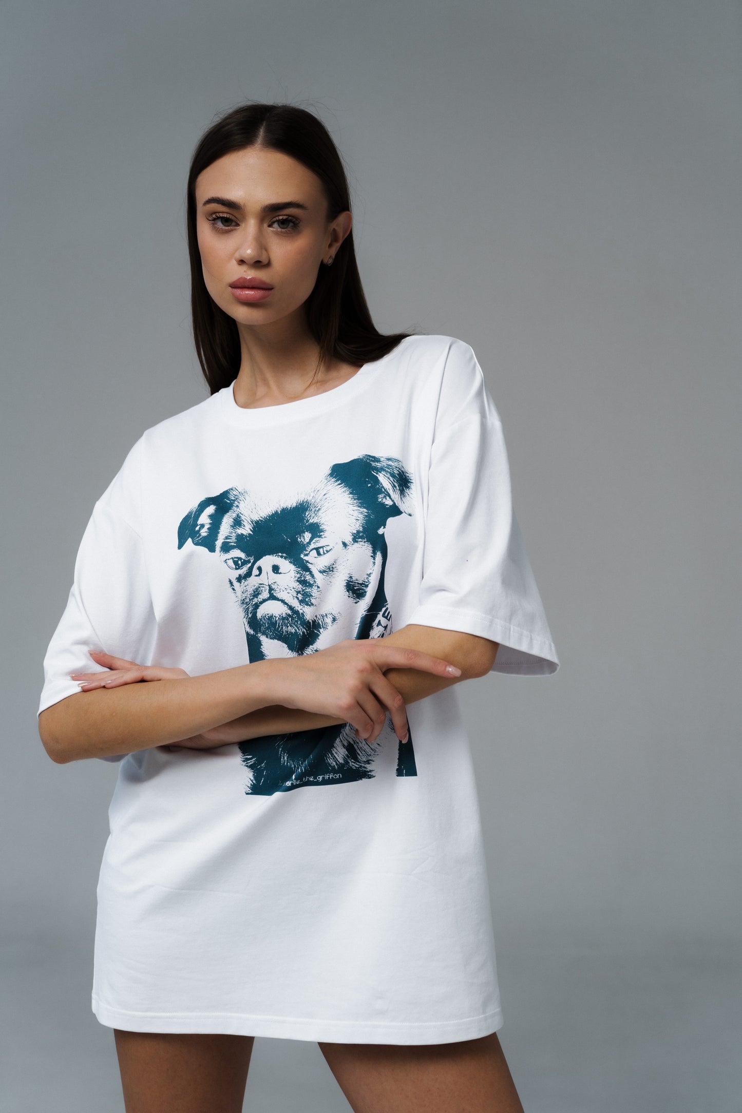 White Oversized Unisex Cotton T-Shirt with "Charlie Griffon" Print