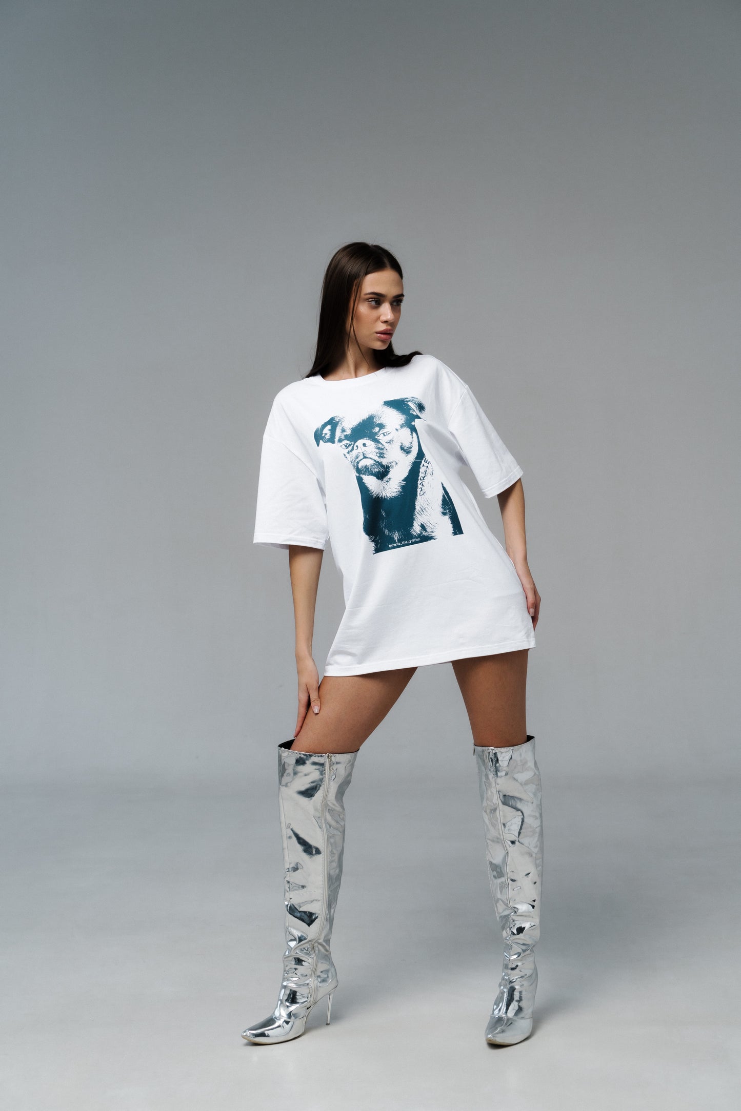 White Oversized Unisex Cotton T-Shirt with "Charlie Griffon" Print