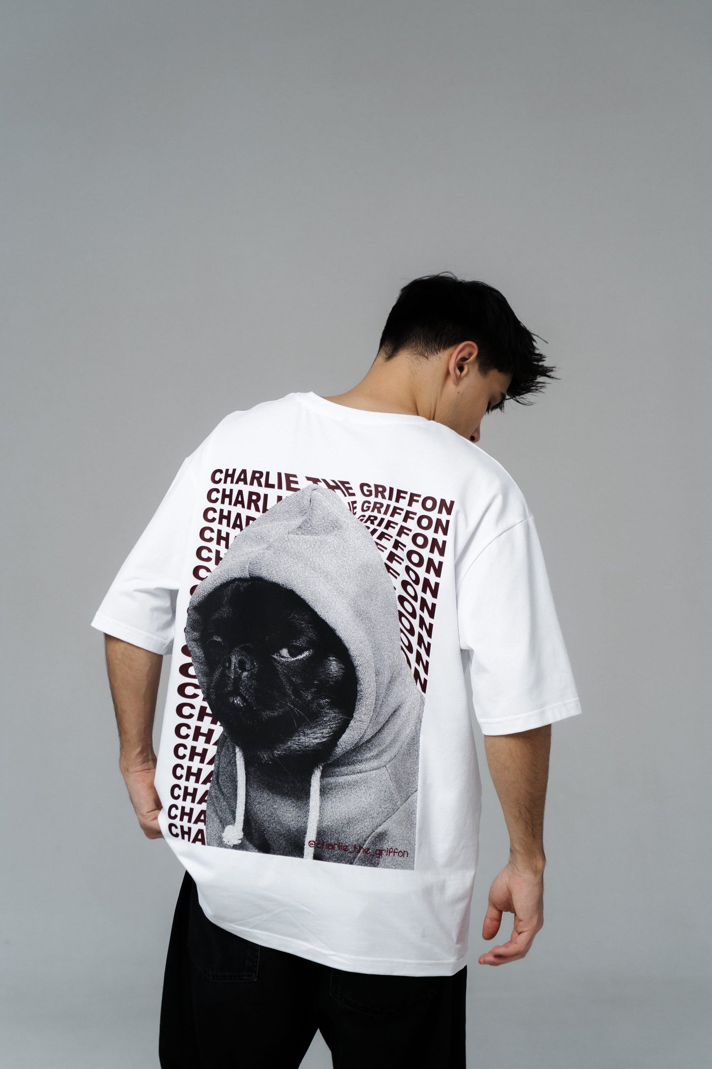 Oversized Unisex Cotton T-Shirt with "Charlie Griffon" Print – White