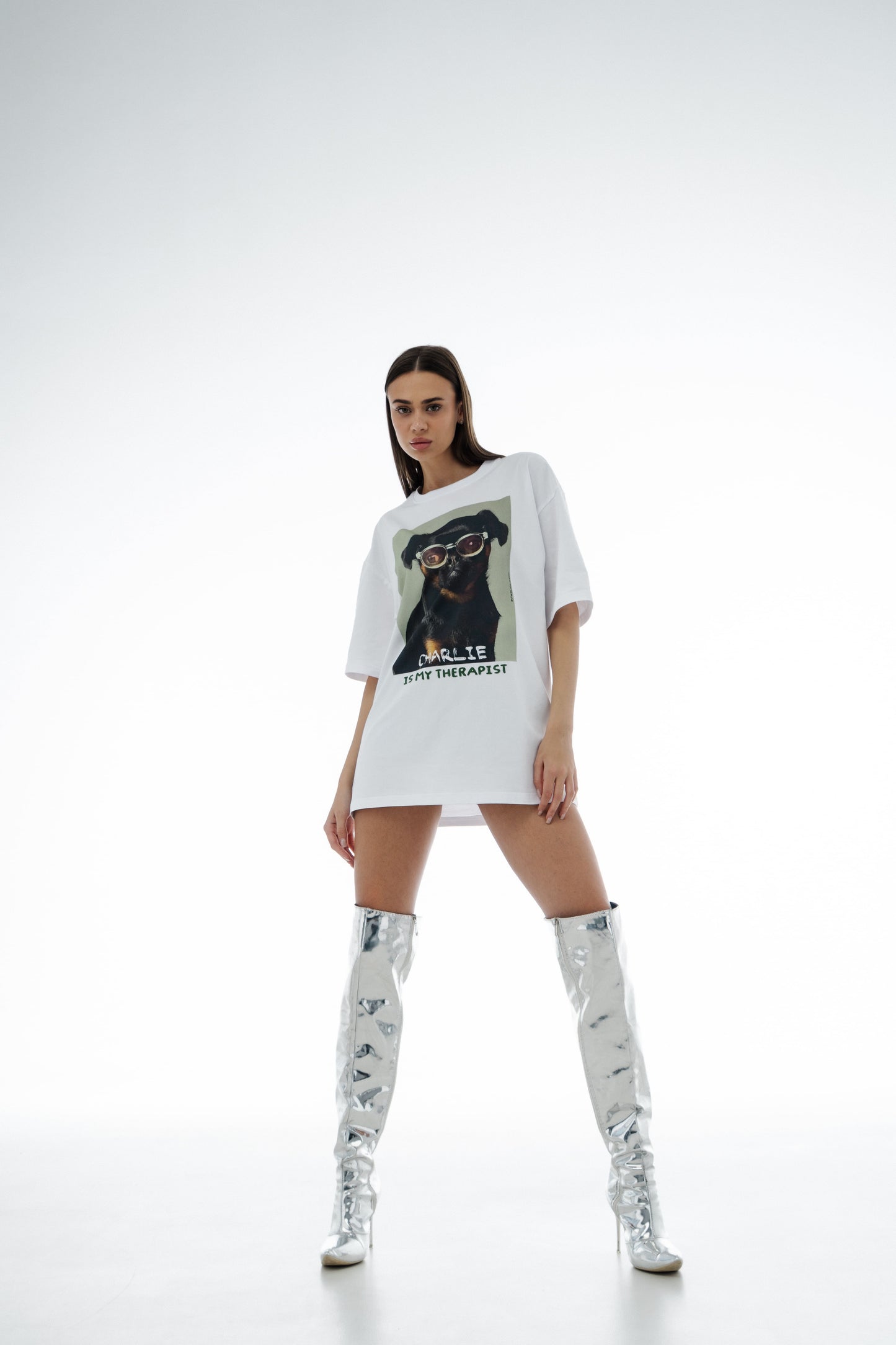 White Oversized Unisex T-Shirt with "Charlie Griffon" Print