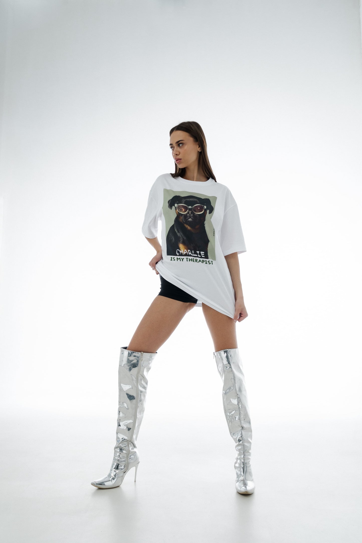 White Oversized Unisex T-Shirt with "Charlie Griffon" Print
