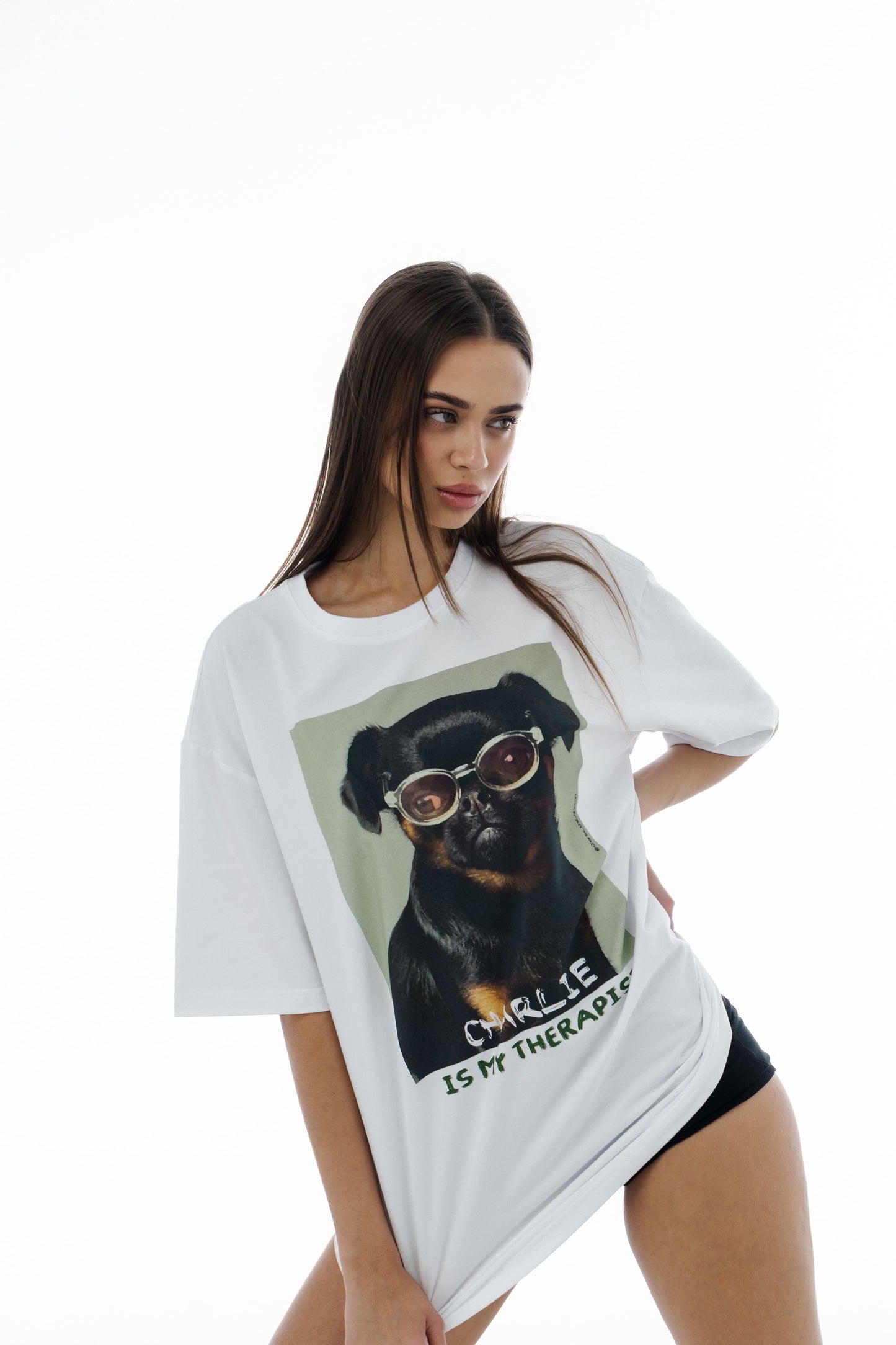 White Oversized Unisex T-Shirt with "Charlie Griffon" Print
