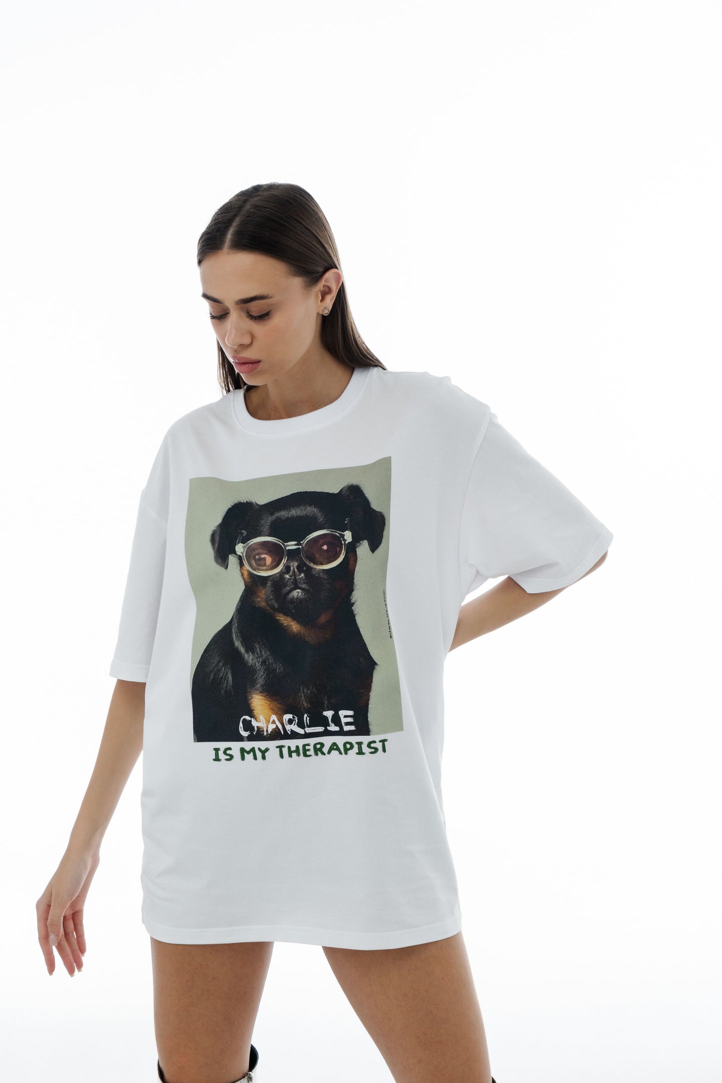 White Oversized Unisex T-Shirt with "Charlie Griffon" Print