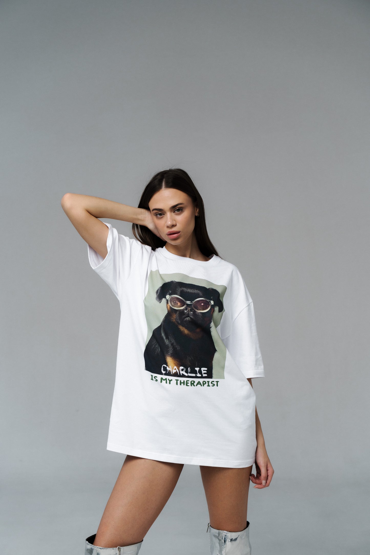 White Oversized Unisex T-Shirt with "Charlie Griffon" Print