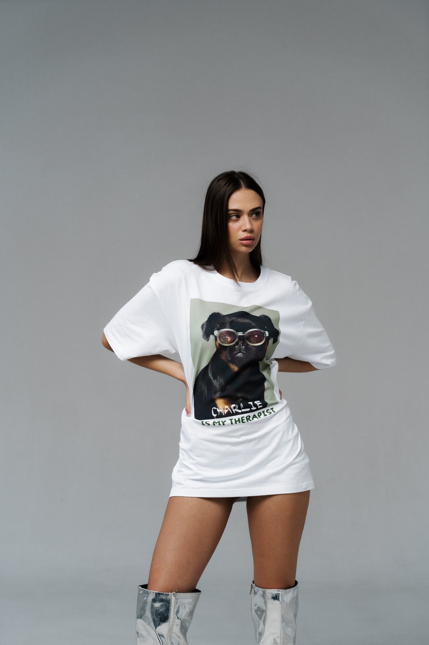 White Oversized Unisex T-Shirt with "Charlie Griffon" Print